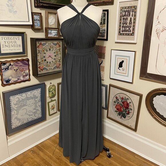 Bill Levkoff Charcoal Halter Maxi Dress With Pleated Bodice & Open Back Size 10 - Picture 1 of 5